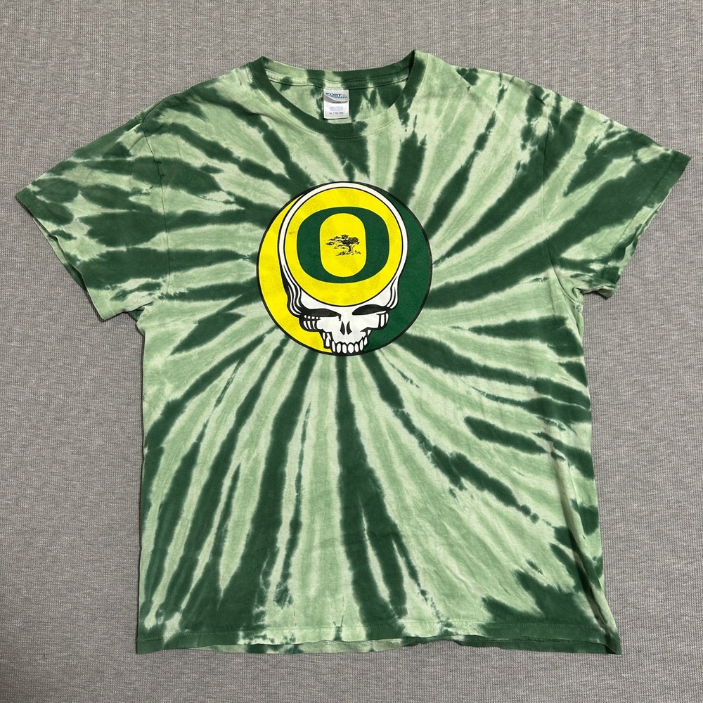 Oregon Ducks Grateful Dead Steal Your Face Tie Dye Tee Green Spiral XL Port & CO